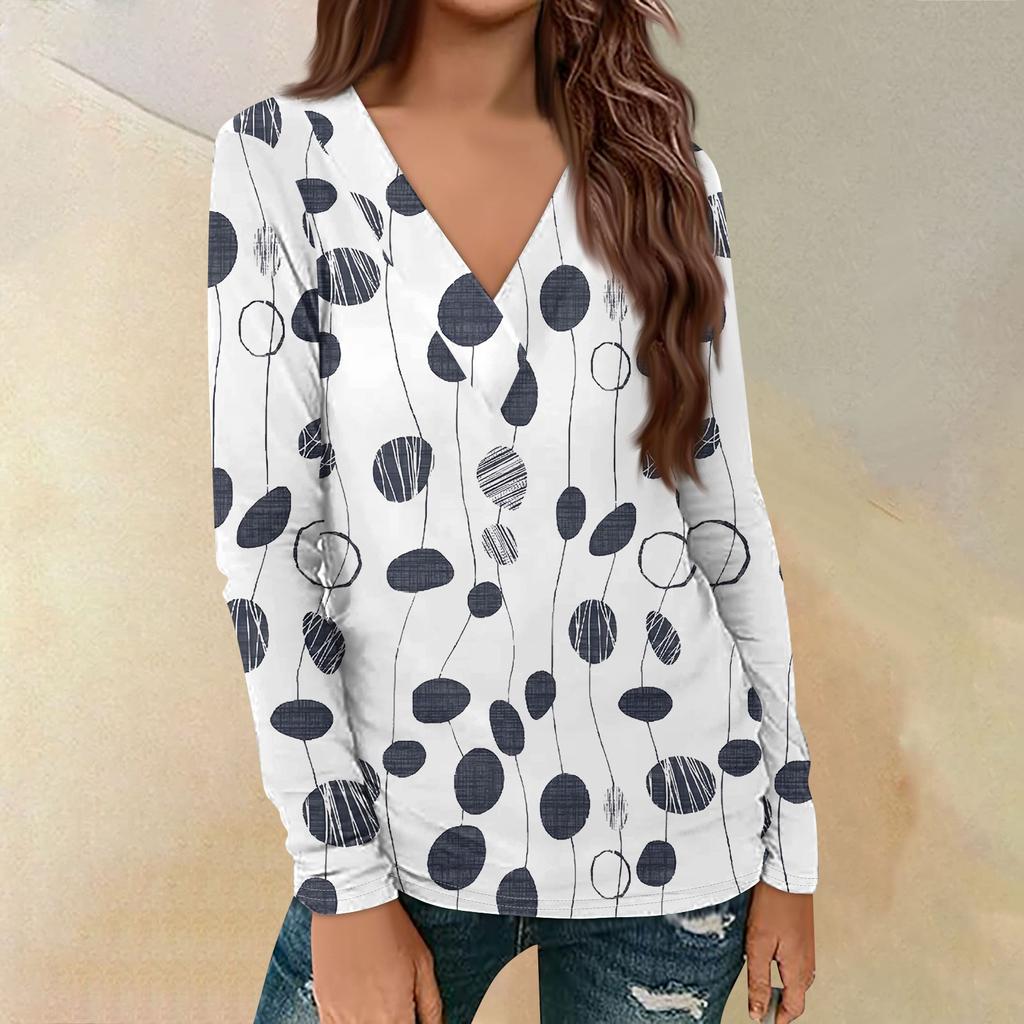Women's Casual Printed Long Sleeve Loose V-Neck Pullover Top