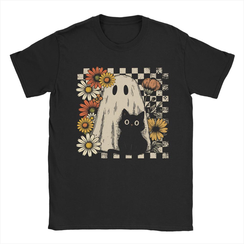 Boho Floral Fall Ghost Cat Halloween T Shirt Summer Hippie T-Shirts Mens Cotton O Neck Oversize Tees Short Sleeves Tshirt