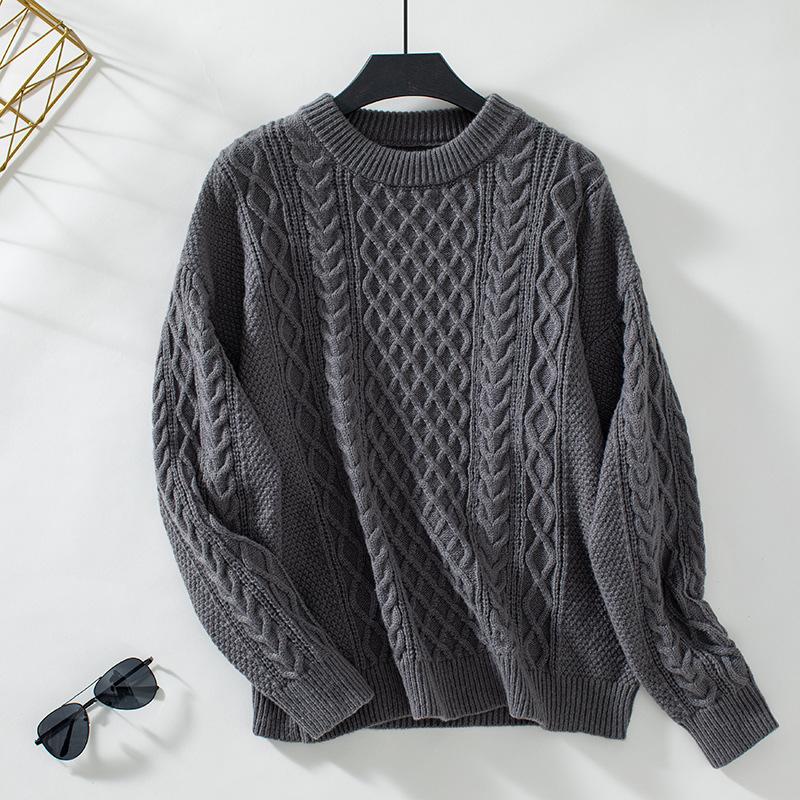 Осень-зима Винтажный свободный топ с длинными рукавами Однотонный пуловер Трикотажный свитер с круглым вырезом