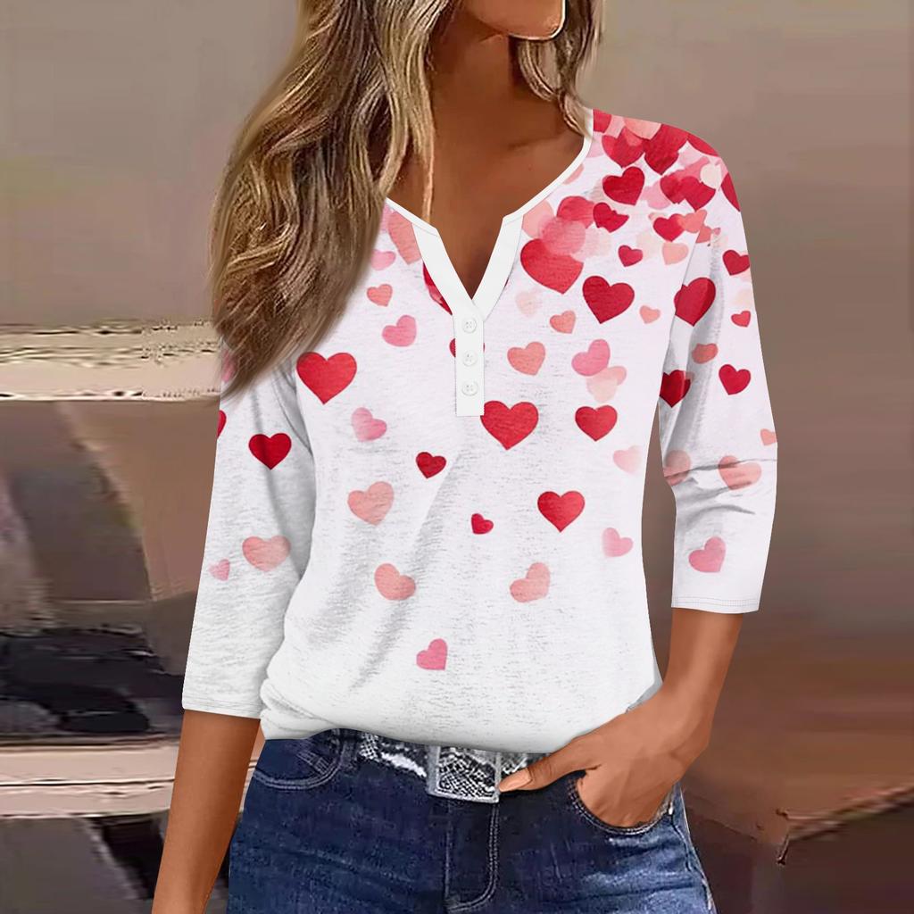 Жен. Футболка Футболка С принтом Пуговицы Рукав 3/4Ежедневно Выходные Мода Классический Топ с v-образным вырезом Обычный