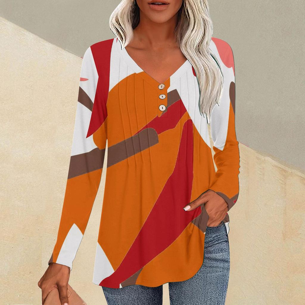 Fashion Tops Casual Pleated V-Neck Line Printed Long Sleeve T-Shirt