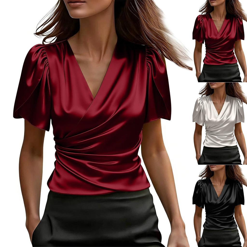 Women Fashion Cross V-neck Ruffled Short Sleeve Shirt Top
