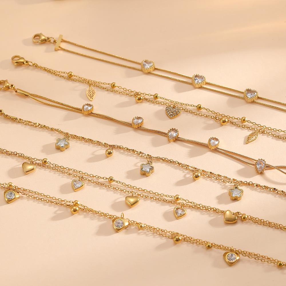 DY Trendy Geometric Zircon Stainless Steel 18K Gold Plated Chain Double-layer Pendant Waterproof Party Bracelet
