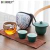 BORREY Ceramic Portable Travel Kung Fu Tea Pot Set One Pot Two Cup Glass Anti-Scald Tea Bowl Outdoor Travel TeaSet Tea Craftsman