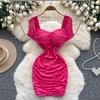 Summer Women Square Collar Short Sleeve Mini Sexy Club Party Slim Bodycon Sheath Dresses