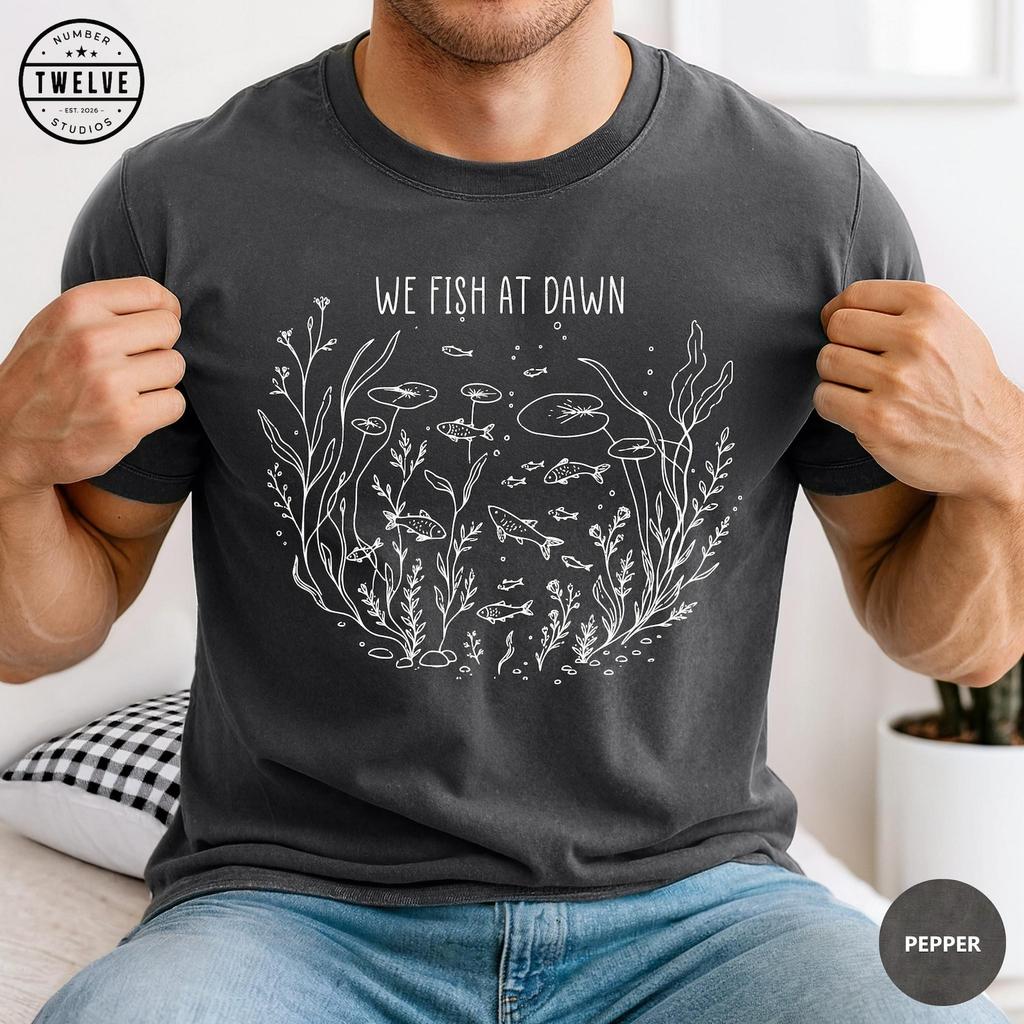 Comfort Colors® Line Art Fish Shirt, We Fish At Dawn Tee, Pond Life Tshirt, Fishing Lover Gift, Cottagecore Nature Tee, Lake Life T-Shirt