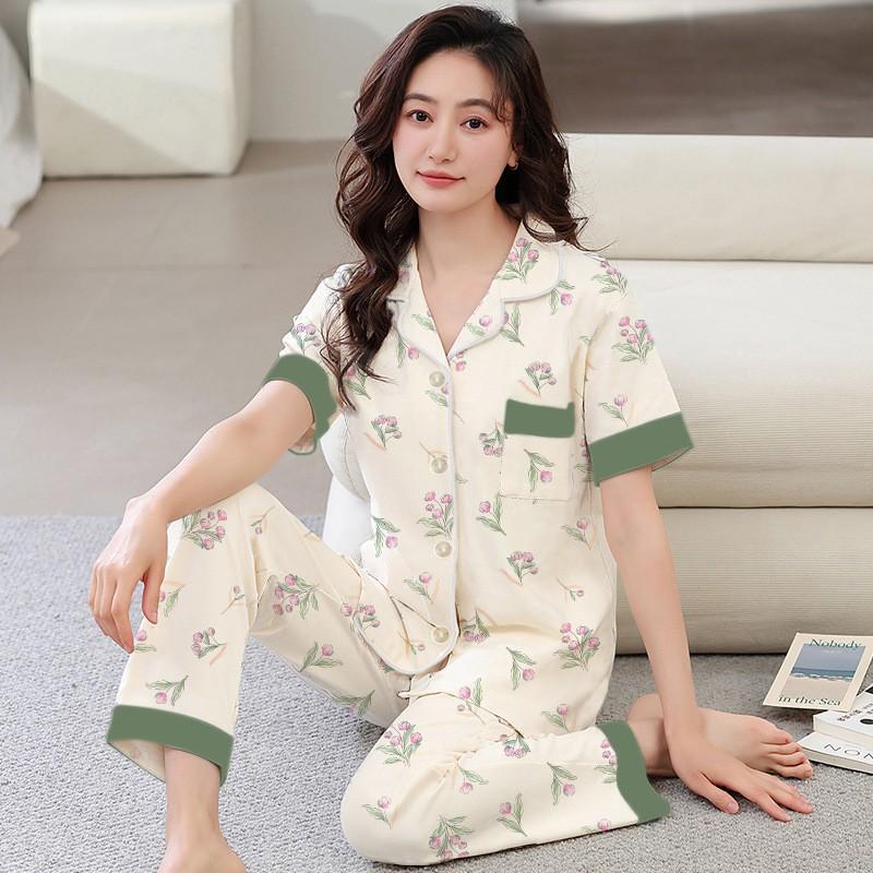 Womens Rose Print Pajama Set Short Sleeve Long Pants Plus Size Soft Cotton Blend Casual Loungewear Middle-aged Moms All
