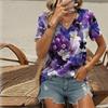 Женский топ с v-образным вырезом и короткими рукавами, фиолетовый цветочный принт, свободная футболка, повседневная рубашка