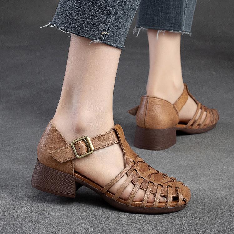 Johnature Трикотажные дышащие сандалии с открытыми отверстиями, женские удобные туфли из натуральной кожи в стиле ретро на толстом каблуке