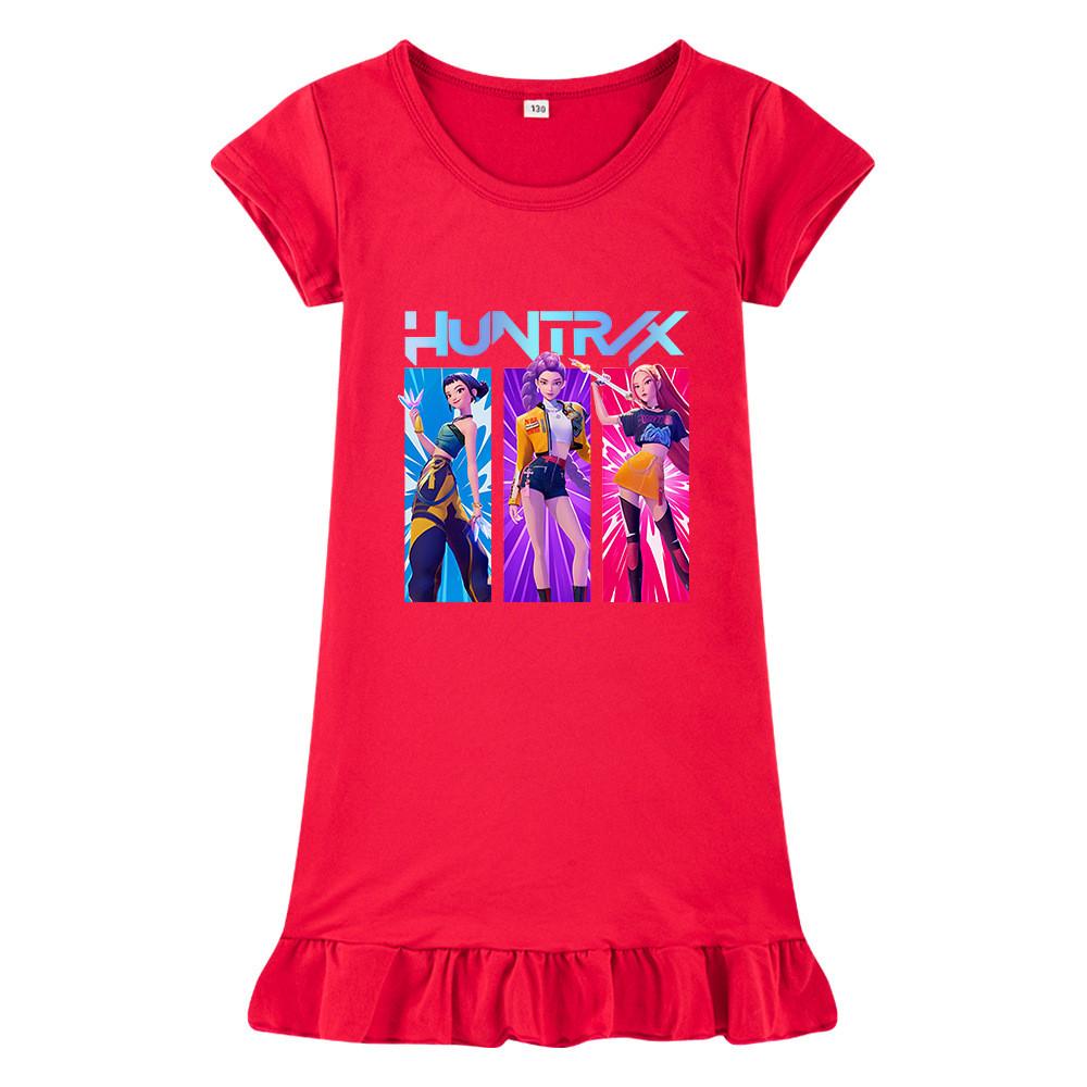 M1221 Kids Girls Kpop Rumi Zoey Mira Print Short Sleeves Ruffle Dress