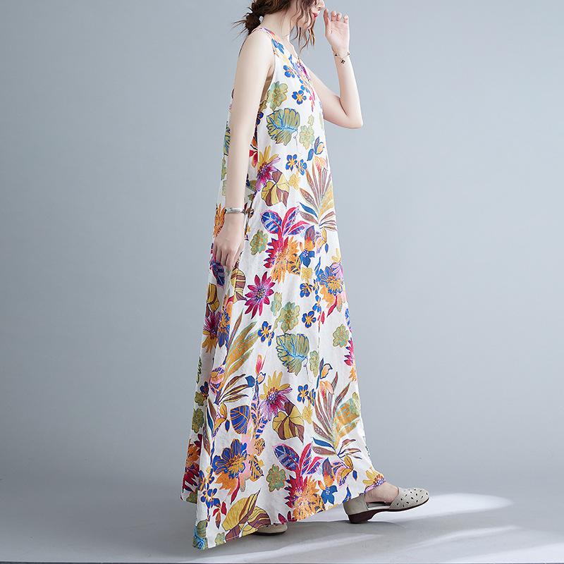 Summer Loose Print Sleeveless Cotton Linen Dress Women's Vest Camisole Casual Dresses