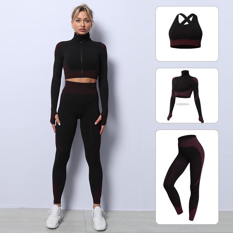 Женский бесшовный трикотажный костюм для йоги: Комплект из 3 предметов осень/зима с подъемом бедра для фитнеса и бега