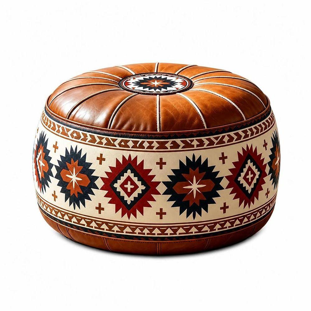 Round Shape Fillable Ottoman Pouf Embroidered Pattern Round Pouf Cover Living Room