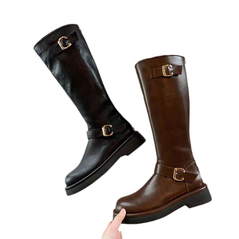 New Spot Grape Mother Autumn and Winter New Polish Pictorial~ Fashion Round Head Buckle with Thick Heel But Knee High Boots