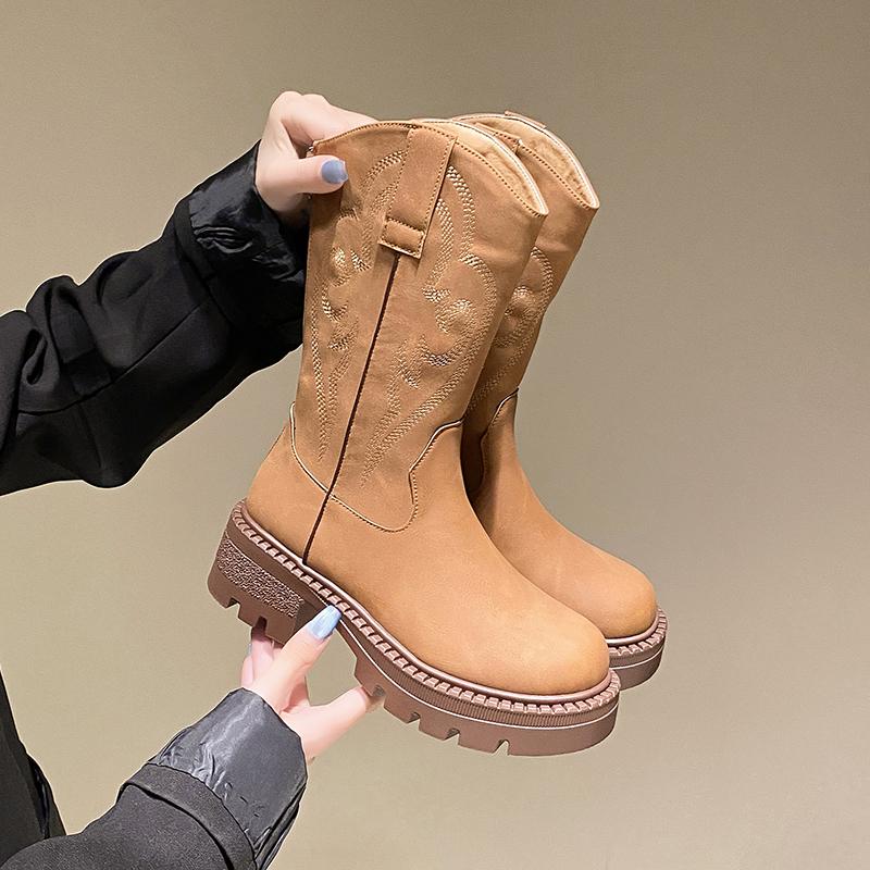 Women Flats Mid Calf Chelsea Boots Winter Platform Shoes Designer Trend Dress Goth Boots Cozy Walking Zapatos Mujer