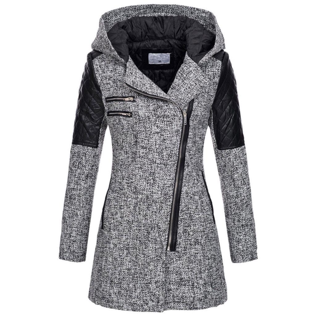 Women's Mid-Length Woolen Hooded Windbreaker with Oblique Zipper - Warm Winter Coat