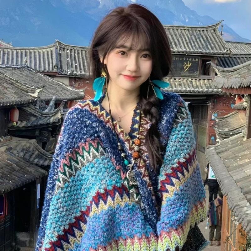 Yunnan Lijiang Travel Outside with Knitted Shawl Retro Cape Cape Fringed Scarf Holiday Wear