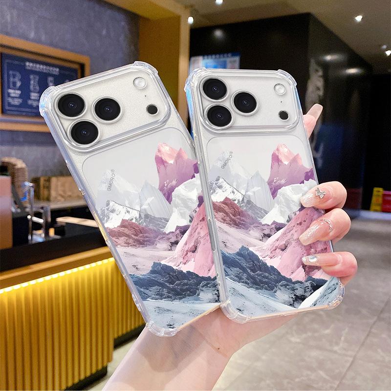 Processing and production of Nordic ins wind pink purple snow mountain four corners anti-drop mobile phone case iPhone15Pro transparent protective ca
