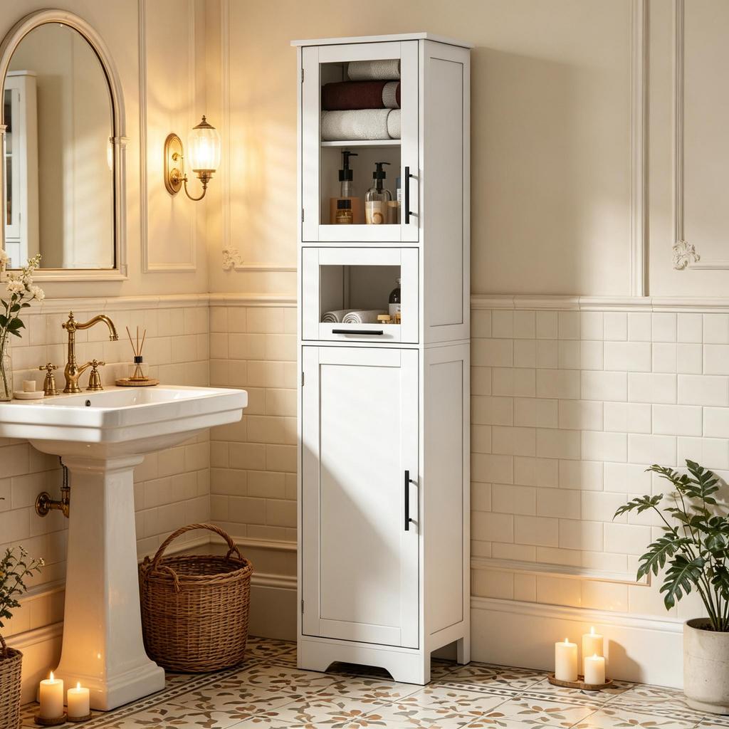 Bathroom Column Furniture, Freestanding Bathroom Tall Cabinet with 1 Drawer, 2 Doors and Adjustable Shelves