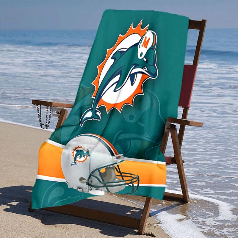 proof beach towel with Miami Dolphins logo pattern - soft,absorbent,quick-drying,machine washable - perfect for swimming,camping,bathing