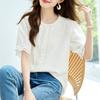 Lace Round Neck Short-sleeved Shirt Commuting Korean Style Loose Slim Cotton Summer Top for Women