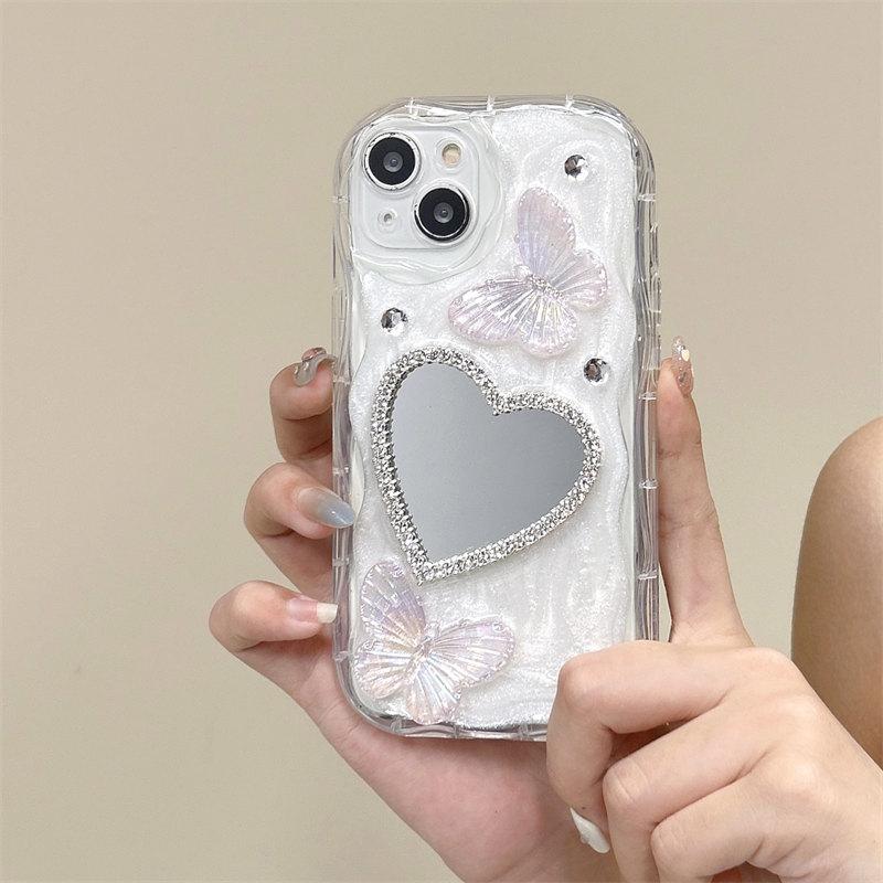 Зеркальный чехол с розовым сердечком и бабочкой для iPhone 15, 14, 13, 12, 11 Pro Max XR XS, Huawei Mate 60 Pro P50 40 30, чехлы для защиты от падения «все включено»