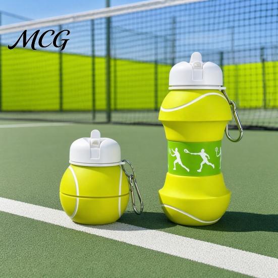 Reusable Hiking Bottle Spherical Collapsible Silicone Cup, Golf Ball Shaped Water Foldable Travel Cup with Push Design Flip Lid & Metal Carabiner,