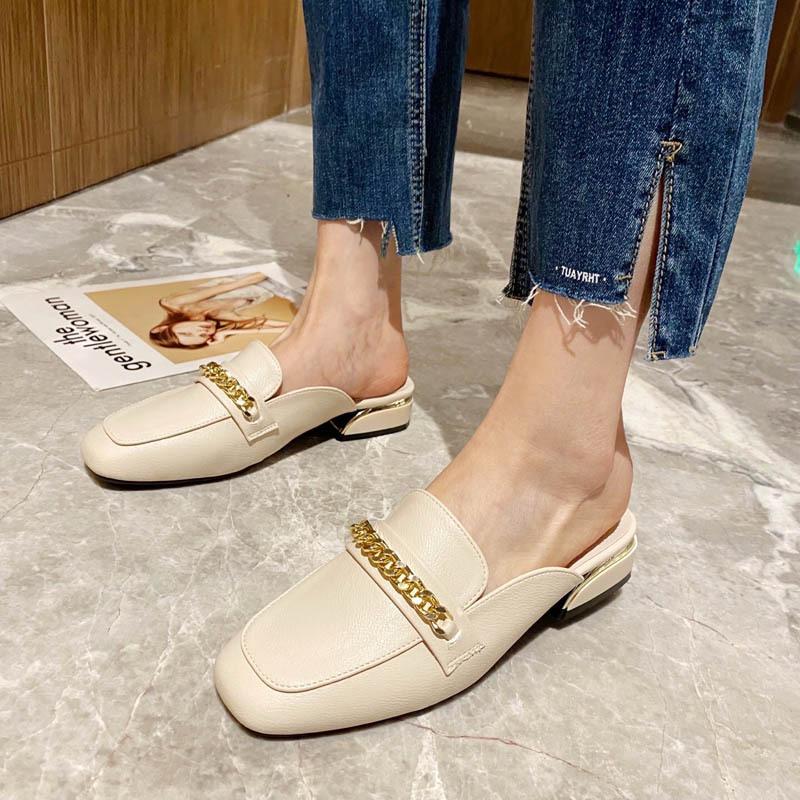 Модные летние закрытые тапочки женские толстые низкие каблуки мюли сплошные кожаные шлепанцы женские повседневные шлепанцы уличные туфли женские сандалии