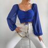 Summer V-neck Chiffon Drawstring Lantern Sleeve Tight Fashion Sexy Shirt Short Top