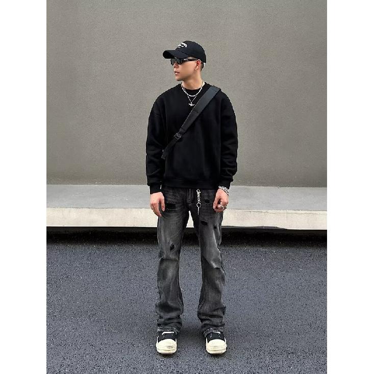 Джинсовые брюки High Street для мужчин, ретро-состаренные, свободные прямые брюки, спортивные брюки с широкими штанинами, модные