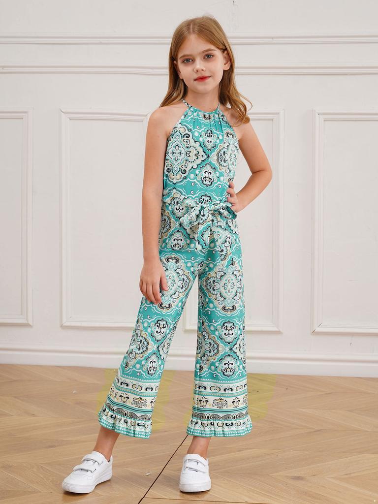 Детский комбинезон без рукавов с цветочным принтом и широкими штанинами для девочек, цельный комбинезон в стиле бохо с поясом, летний сарафан, комбинезон