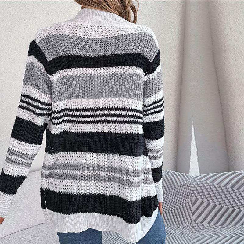 Женский осенне-зимний повседневный свитер в контрастную полоску с карманом и длинным рукавом, кардиган, пальто