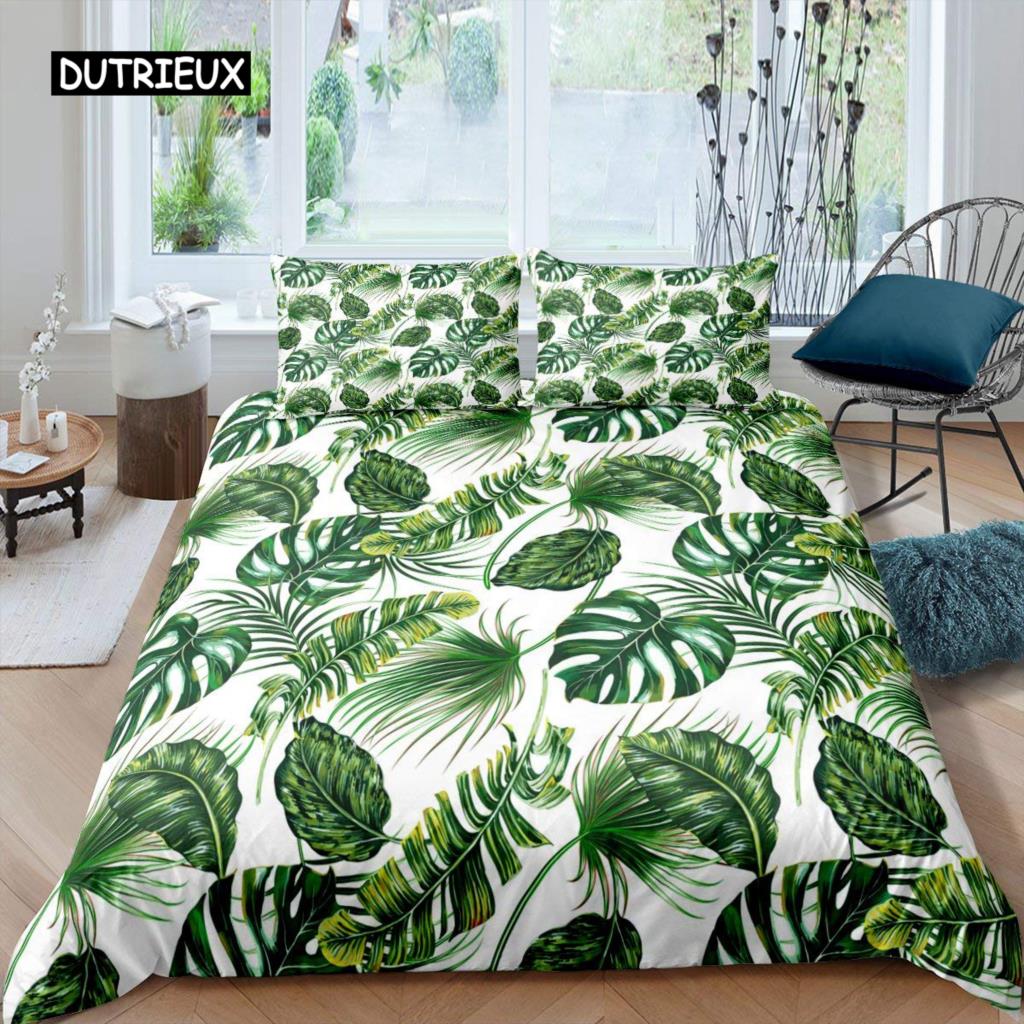 Palm Leaves Duvet Cover King Full Banana Leaves Bedding Set Hawaiian Tropical Leaves Green Branches 2/3pcs Polyester Quilt Cover