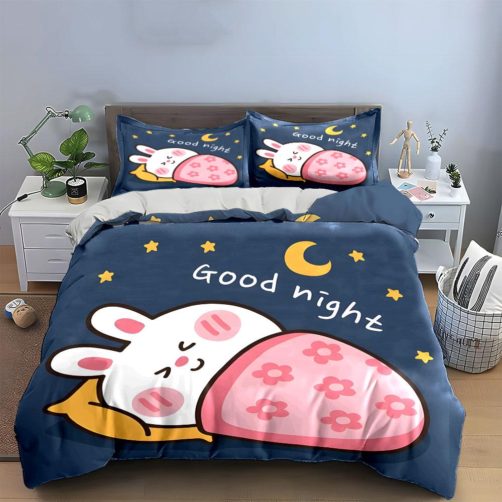 Cute Rabbit Good Night Bedding Bedding Duvet Cover Set Duvet Cover Pillowcases (1 * Duvet Cover 2 * Pillowcases, without duvet insert)