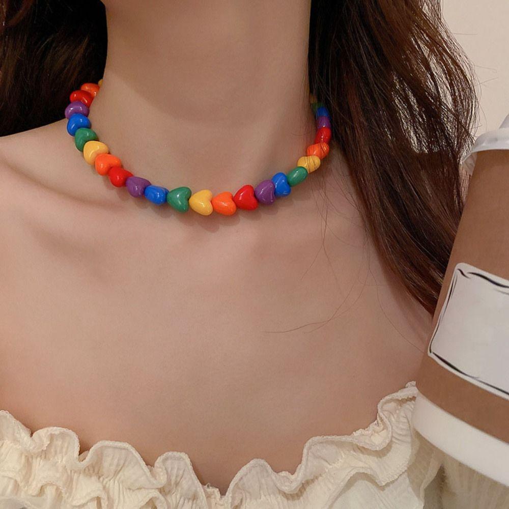 Adjustable Collarbone Chain Acrylic Love Heart Beaded Necklace Rainbow Necklace Party Supplies