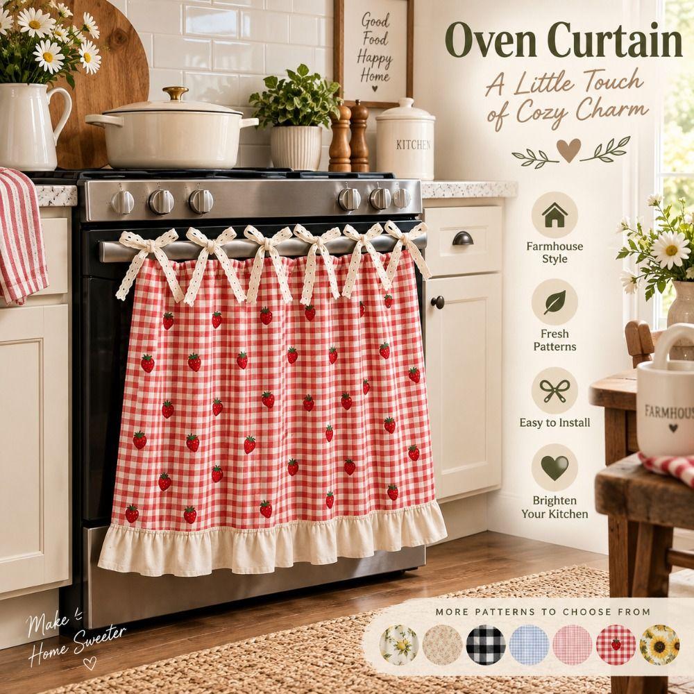 Plaid Floral Print Bow Tie Oven Cover Curtain Ruffle Trim Rustic Oven Decor Curtain Country Decor