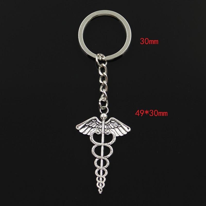 Fashion 30mm Key Ring Metal Key Chain Keychain Jewelry Antique Bronze Caduceus Medicine Symbol 49x30mm Pendant