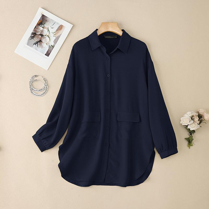 ZANZEA Женская однотонная свободная блузка с отложным воротником и рукавом 3/4