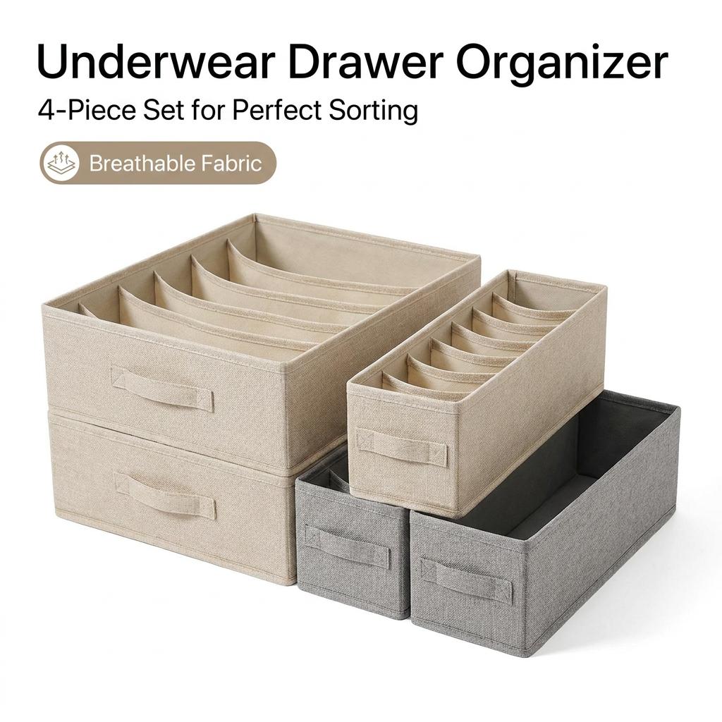 Fabric Drawer Organizer for Underwear Socks Bra Stackable Divided Storage Box with Handle Closet Wardrobe Space Saving