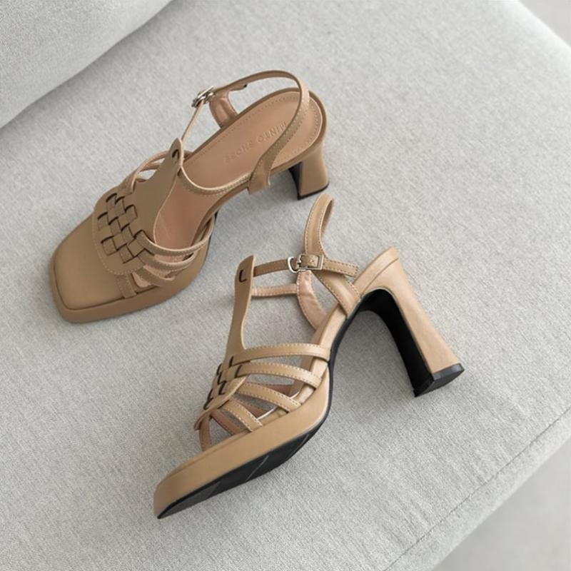 Melting Brown Women S Natural Leather Summer Woven SandalS heelS