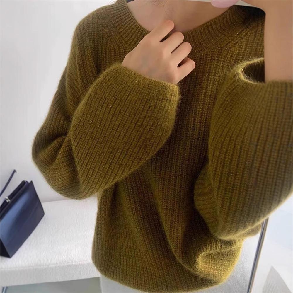 Женский пуловер из красной шерсти в европейском стиле, с круглым вырезом, утолщенный и свободный, универсальная база для осени/зимы '24.