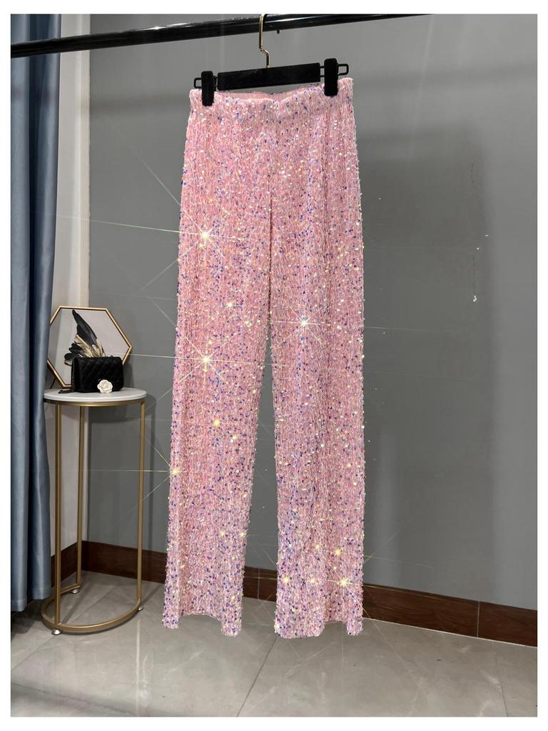 Women's Korean Velvet Sequined Wide-Leg Pants: Slim-Fit, Floor-Length, Shiny Drape Casual Wear for Autumn and Winter