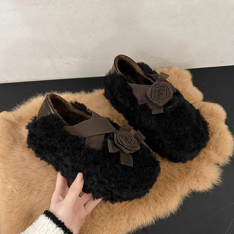 Fur Flower Women Flats Loafers Shoes Warm Cotton Fluffy Slippers 2025 Trend Winter Warm Snow Boots Sneakers Ballet Dance Shoes