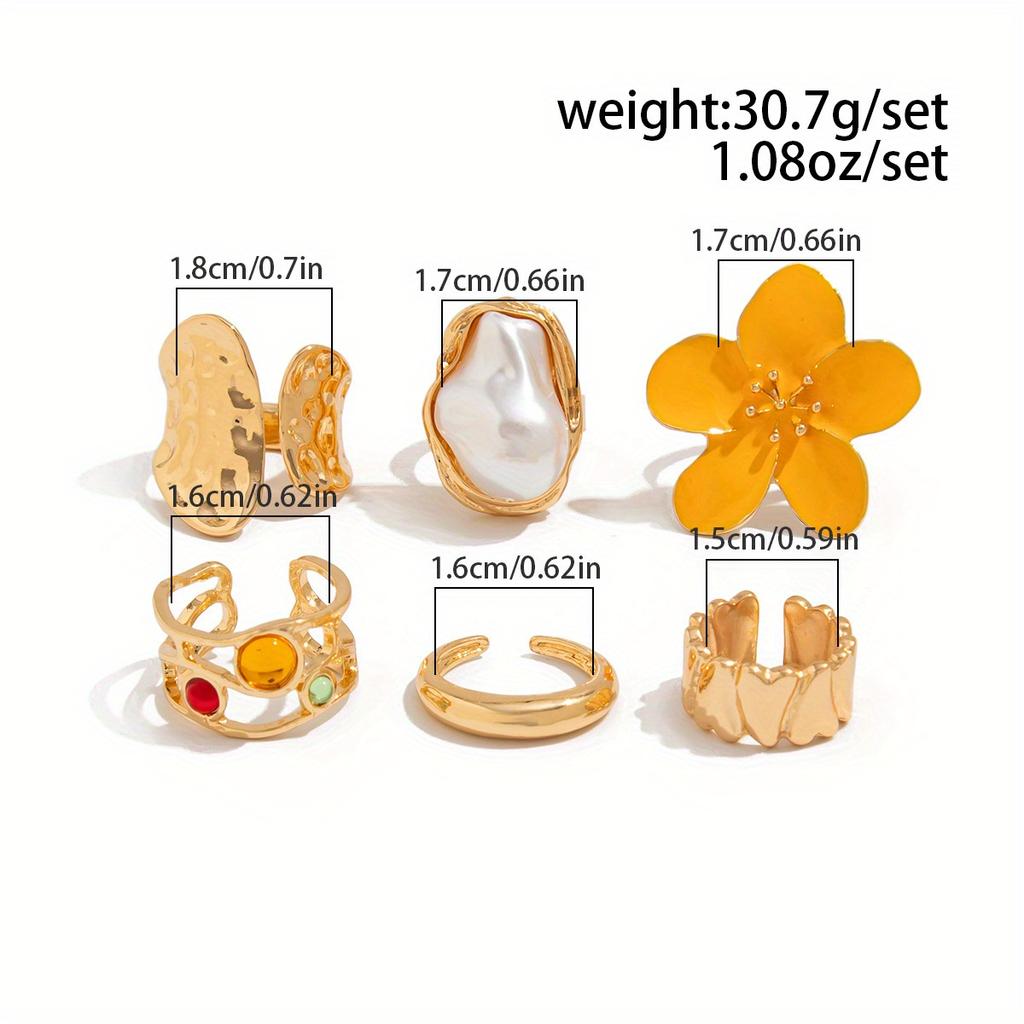 6pcs Women's Vacation Style Exaggerated Baroque Vintage Ring Set, Faux Imitation Pearl Floral Rings, best gift, High Quality Rings for Women, EngaSynt