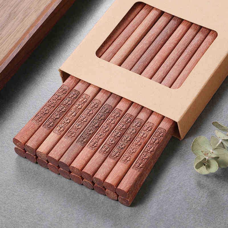 Red Sandalwood Chopsticks - Set of 10 Solid Wood, No Paint/Wax, Antibacterial, Anti-mildew, Engraved Logo, Ideal for Home Use