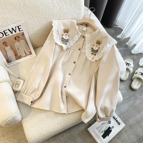 Модные винтажные блузки с воротником Питер Пэн, оборками, нашивками в виде кролика из мультфильма, рубашки, осенний стиль преппи, универсальная одежда для девочек