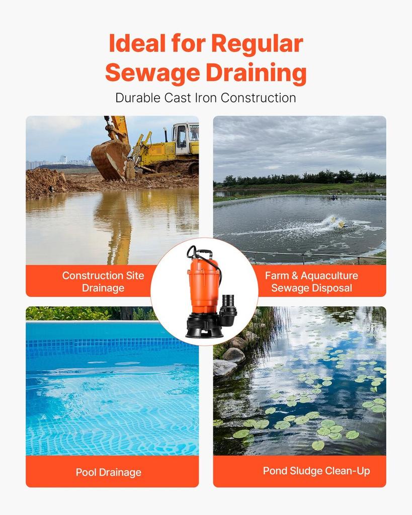 550W Submersible Trash Pump, 18000 L/H, Cast Iron Submersible Sump Sewage Pump with 2 in Discharge, 10M Max Lift, Draining Dirty Clean Water, for