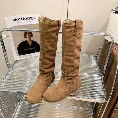 Женские плиссированные сапоги 2024 горячая распродажа сапоги до колена женские лаконичные современные туфли женские с круглым носком на плоской подошве со слипонами женщины