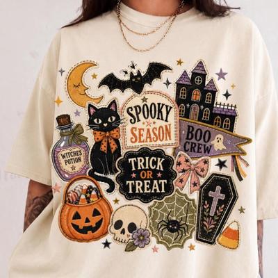 Vintage Halloween Patchwork Shirt, Spooky Season Comfort Colors Tee, Boo Crew Trick or Treat Shirt, Retro Halloween Party T-Shirt