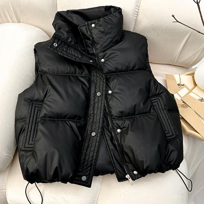 Women Warm Casual Solid Sleeveless Vest Coat Mock Neck Thicken Jacket Buttons Up Loose Women Down Jacket Autumn Winter